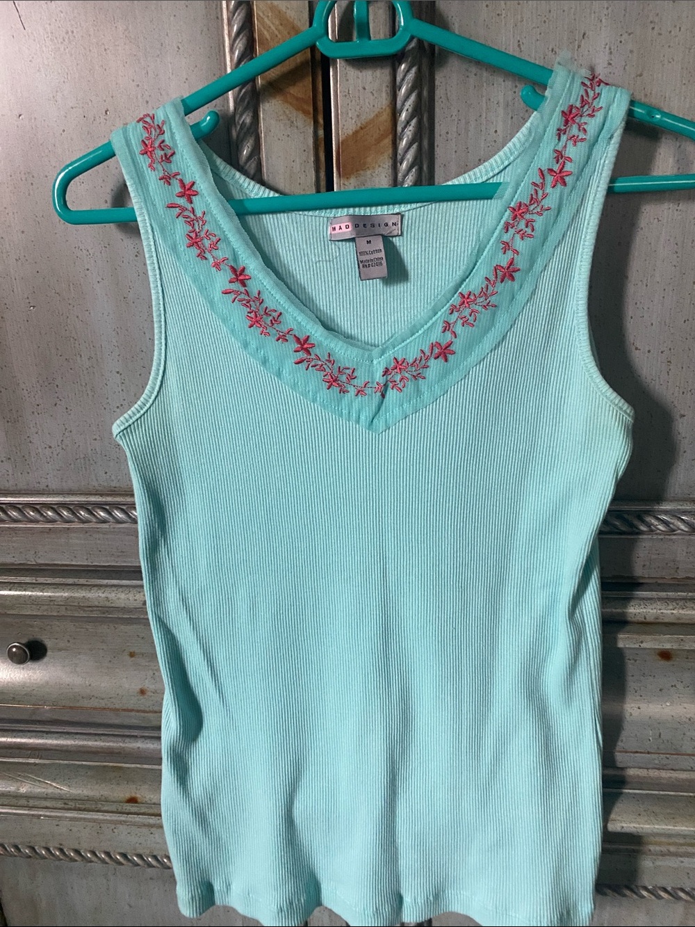 Mad Decision Aqua V-Neck Ribbed Tank with Red Floral Embroidery